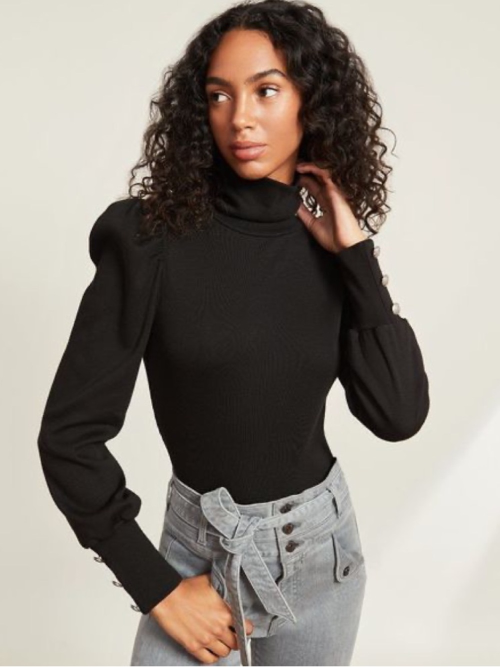 Veronica Beard Juno Puff Sleeve Turtleneck Top Black XS Cotton Long Sleeve